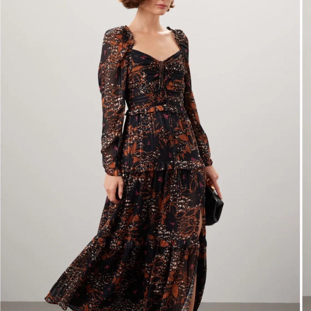 Peter Som Black & Brown Floral Long-Sleeve Maxi Dress